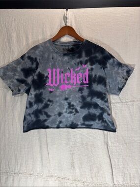 Spirit Black Gray Tie-Dye 'Wicked' Graphic Crop Tee with Pink Print 100% Cotton